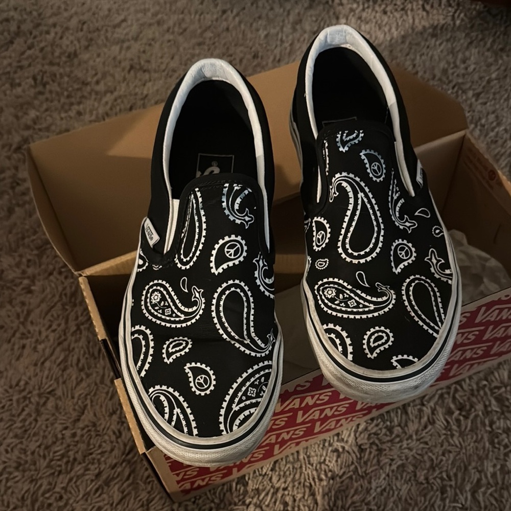 Vans Classic Black and White Paisley Slip-Ons